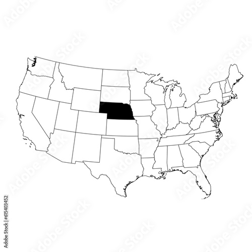 Vector map of the state of Nebraska highlighted highlighted in black on the map of the United States of America.