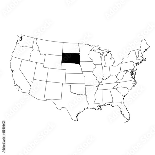 Vector map of the state of South Dakota highlighted highlighted in black on the map of the United States of America.
