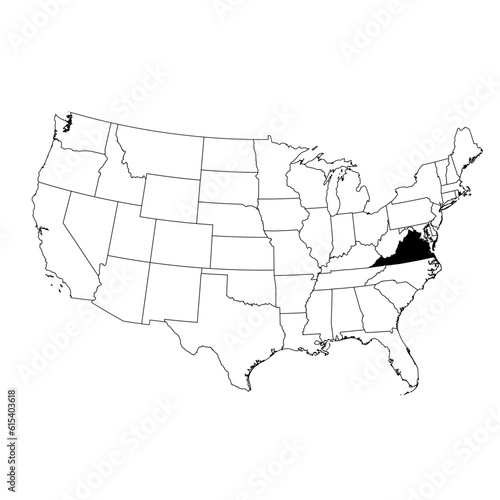 Vector map of the state of Virginia highlighted highlighted in black on the map of the United States of America.