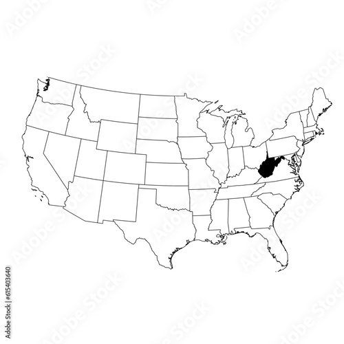 Vector map of the state of West Virginia highlighted highlighted in black on the map of the United States of America.