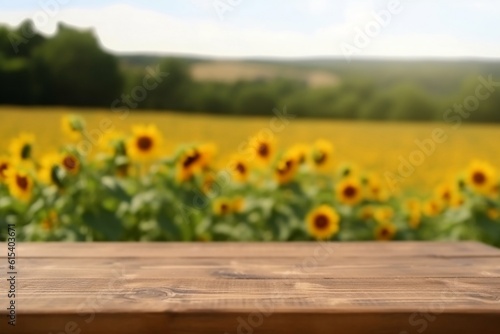 Sunflower Field Serenity Empty Wooden Table, Generative AI