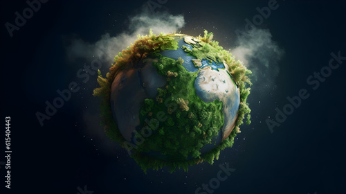 Earth globe with green plane and smoke of fire on black background created with Generative AI