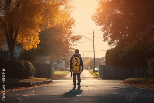 Small boy walking by the street with his school backpack. Generative AI photo