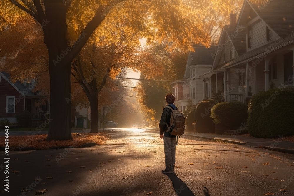 Small boy walking by the street with his school backpack. Generative AI