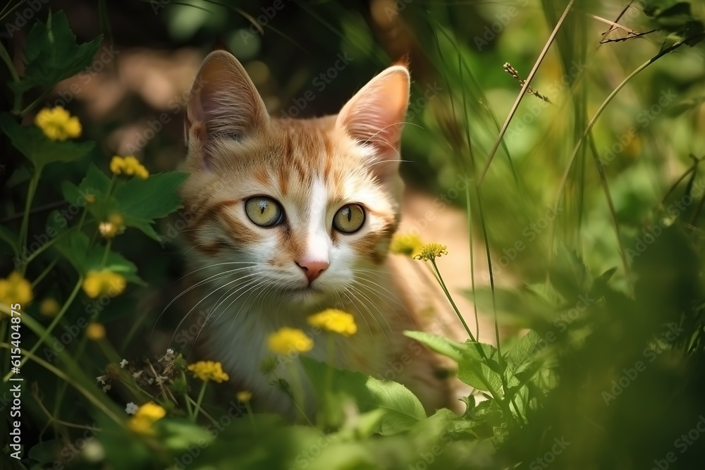 Kitty in nature on summer forest background. Closeup animal portrait. Ai generated Kitty in nature on summer forest background. Closeup animal portrait. Ai generated