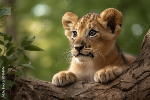 Lion cub in nature on summer forest background. Closeup animal portrait. Ai generated