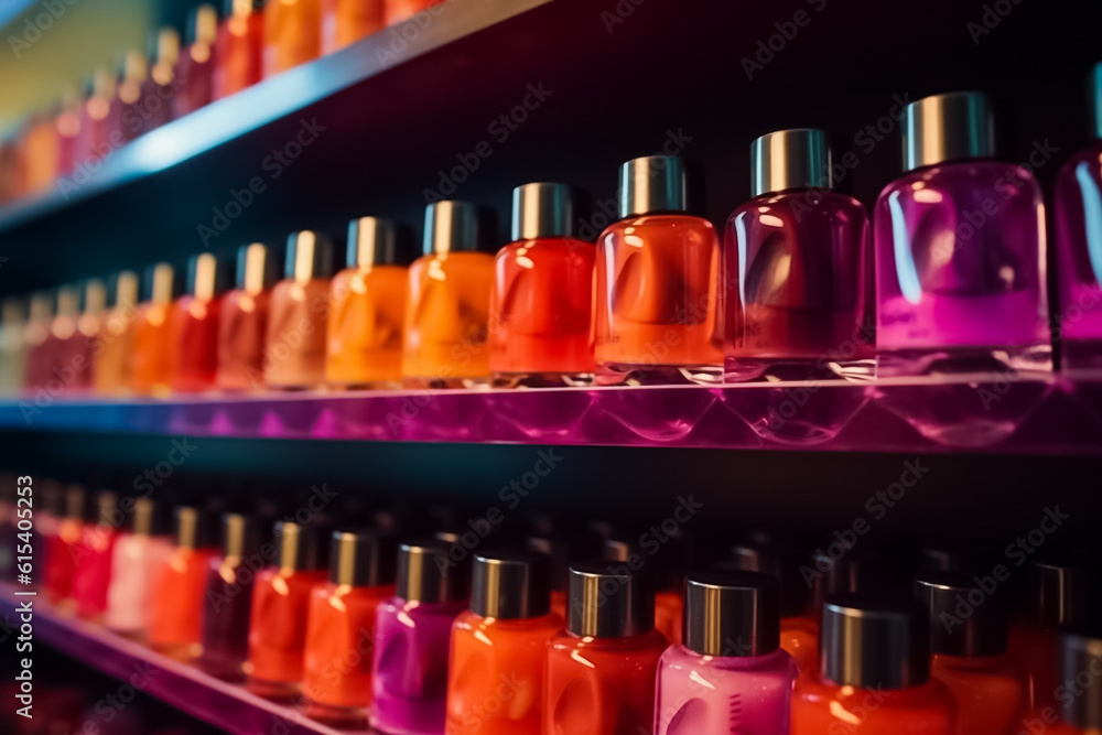 a visually pleasing arrangement of nail polish glass bottles presents a stunning gradient of colors. Powered by Generative AI. a visually pleasing arrangement of nail polish glass bottles presents a stunning gradient of colors. Powered by Generative AI.