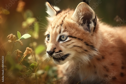 Lynx cub in nature on summer forest background. Closeup animal portrait. Ai generated