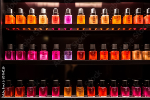 a visually pleasing arrangement of nail polish glass bottles presents a stunning gradient of colors. Powered by Generative AI.
