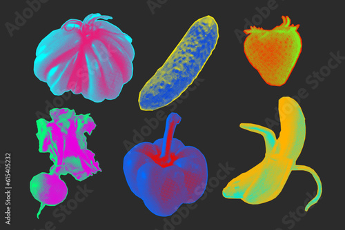 Set of 6 different fruits and vegetables in trendy halftone collage style. Vector dotted elements in bright contrasting neon colors. Vintage retro collage - strawberry, banana, pepper, cucumber, radis