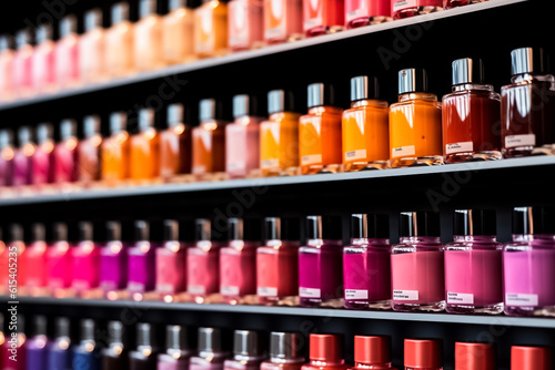 a visually pleasing arrangement of nail polish glass bottles presents a stunning gradient of colors. Powered by Generative AI. photo