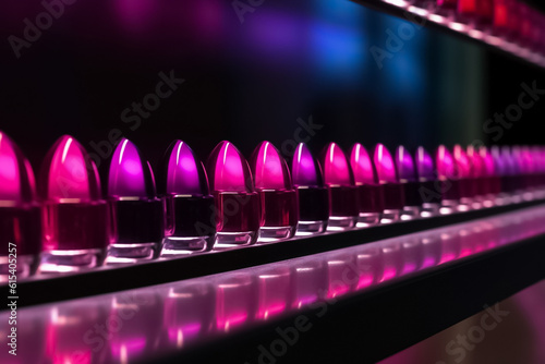 a visually pleasing arrangement of nail polish glass bottles presents a stunning gradient of colors. Powered by Generative AI.
