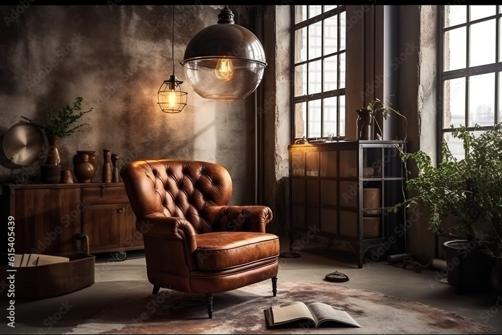 Interior moderno e industrial con sillones de cuero. AI generative Interior moderno e industrial con sillones de cuero. AI generative