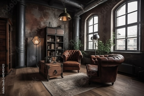 Interior moderno e industrial con sillones de cuero. AI generative photo