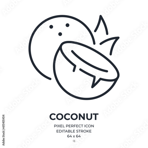 Coconut editable stroke outline icon isolated on white background flat vector illustration. Pixel perfect. 64 x 64.