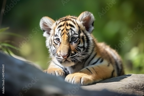 Tiger cub in nature on summer forest background. Closeup animal portrait. Ai generated © Artem81