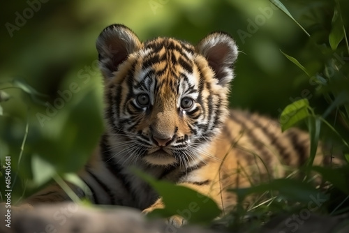 Tiger cub in nature on summer forest background. Closeup animal portrait. Ai generated