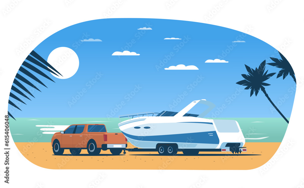 Pickup truck transports a  powerboat on a trailer on the background of a tropical seascape. Vector illustration.