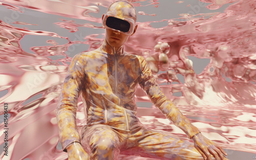 AI-generated illustration of a stylish fashion man wearing a cutting-edge VR helmet. Blend of fashion and technology as the man showcases his avant-garde ensemble in the virtual realm.