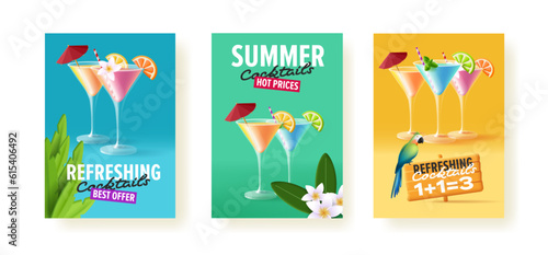 Set of flyers for bar promo offere with 3d cocktails with exotic background and attributes