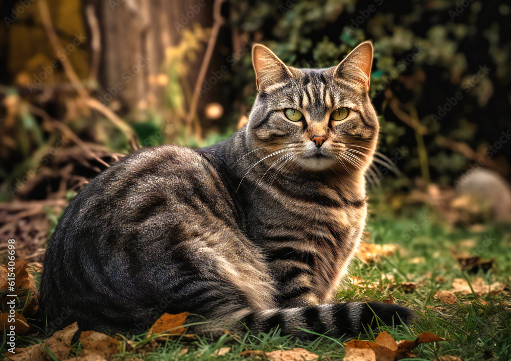 a gray tabby cat sitting in the grass a gray tabby cat sitting in the grass