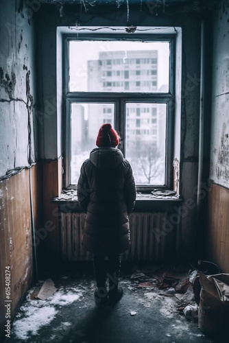 Woman stand in a very cold room in winter, frozen. Concept of cold and poverty. © Degimages