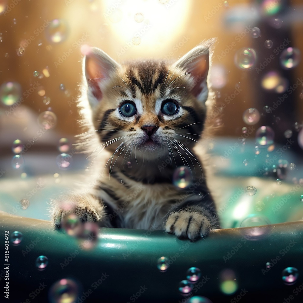 image of a small kitten taking a bath with soap bubbles,generative ai