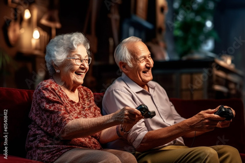 Elderly Couple Embraces and Smiles in Cozy Living Room, playing video game.