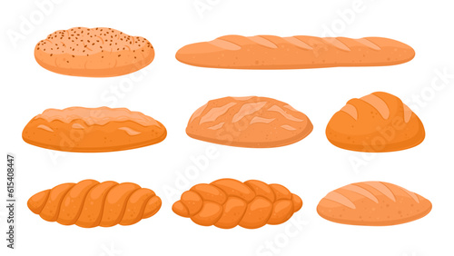Baguettes and loaves. Cartoon bakery wheat products, baguette and loaf of bread vector illustration set. Flat bakery products
