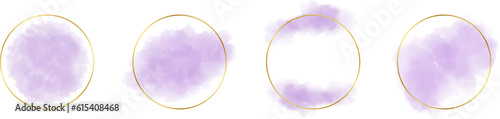 Gold frame with abstract splashes of purple watercolor brush strokes for logos, banners, cards, covers, flyers, and posters, watercolor strokes with gold frame