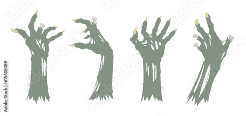 Cartoon zombie arms. Halloween creepy bony hands, living dead monsters scrawny hands. Horror zombie hand flat vector illustration set