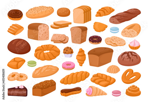 Cartoon sweet pastry. Bakery tasty pastries, french macaron, eclair, bagel, croissant, cupcake and cookies flat vector illustration set. Sweet baked desserts