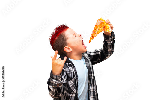 A cute stylish baby boy with a red mohawk on his head holds a big juicy piece of sausage pizza near his open mouth and shows a rock and roll hand sign.
