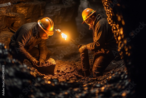Miners work in a mine. Hard mining work underground.