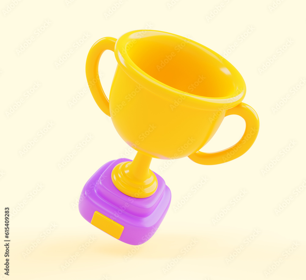 Rank trophy, gold cup icon 3d render. Winner award for first place in game. Cartoon golden goblet on purple base, prize or reward for achievement, sport victory isolated on background. 3D illustration Rank trophy, gold cup icon 3d render. Winner award for first place in game. Cartoon golden goblet on purple base, prize or reward for achievement, sport victory isolated on background. 3D illustration