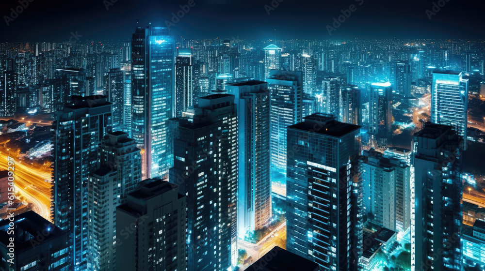 Fototapeta premium city skyline with skyscrapers illuminated at night. generative ai