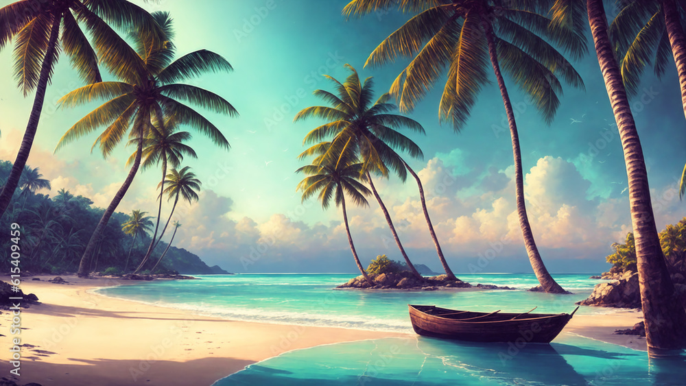 An idyllic imaginary landscape with a tropical beach, boat, palm trees, a tranquil bay and evening light at sunset. Generative AI - obrazy, fototapety, plakaty 