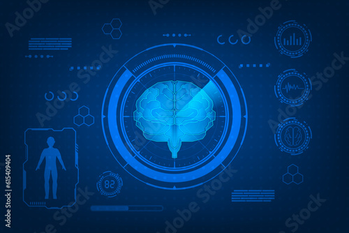 Vector analysis of brain with medical healthcare. Technology humen graphic of MRI scan interface.