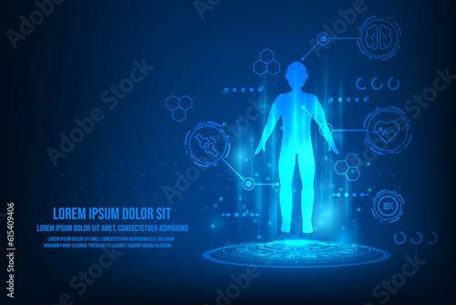 Vector humen hologram with medical healthcare. Technology graphic of MRI scan interface. Hologram humen brain.