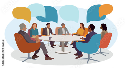 Discussion conference. People of different ages sit and discuss on brightly colored chairs around a round table. Vector illustration.
