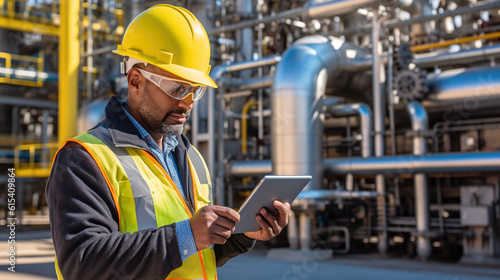 Portrait of refinery worker using tablet and checking oil and gas product quality.