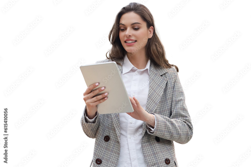 Young smiling businesswoman working on digital tablet on a transparent background Young smiling businesswoman working on digital tablet on a transparent background