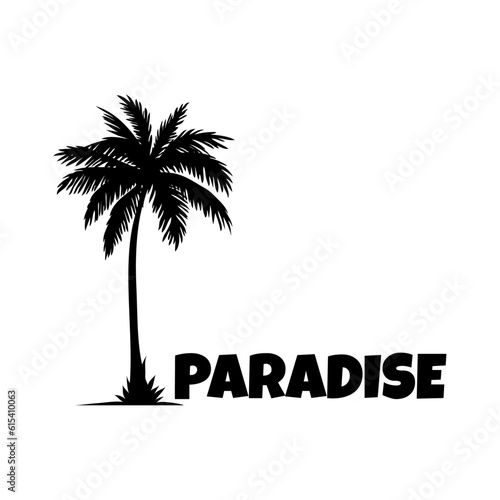Logo vacaciones de verano. Letras de la palabra Paradise en la arena de una playa con silueta de palmera	