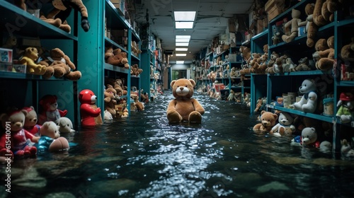 Submerged Innocence: Flooded Children's Toy Shop made with Generative AI