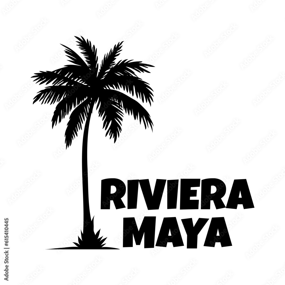 Logo vacaciones en México. Letras de la palabra Riviera Maya en la arena de una playa con silueta de palmera