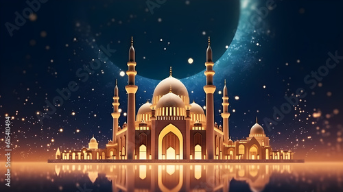 Beautiful abstract background of Ramadan Kareem greeting. Night sky, crescent moon. created with Generative AI © kimly