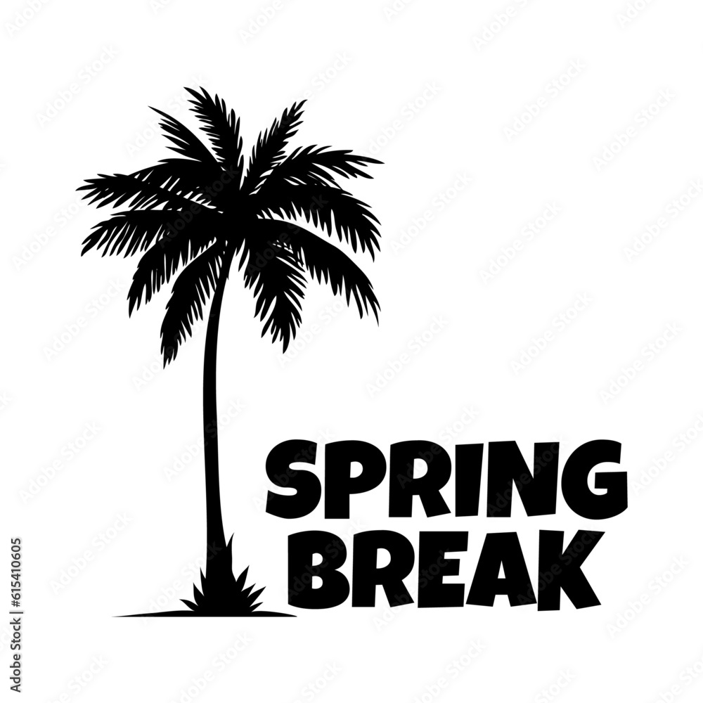 Logo vacaciones de primavera. Letras de la palabra Spring Break en la arena de una playa con silueta de palmera