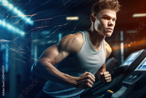 Handsome young man in sportswear running on treadmill at gym. © FutureStock