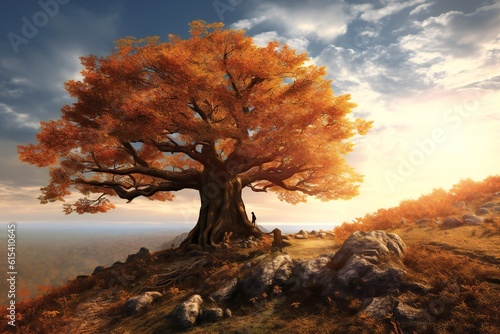 Hyperdetailed Surreal chestnut oak tree on top of a hill  majestic  detailed  vast landscape  autumn  colourful  hdr  photorealism  beautiful lighting  ethereal sky Generative AI