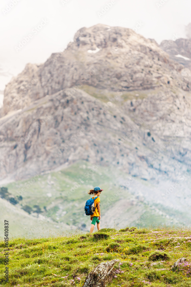 Obraz premium little boy with a backpack in the picturesque mountains. Traveler man with backpack, hiking, travel, lifestyle concept, mountains in the background, outdoor aerial view.